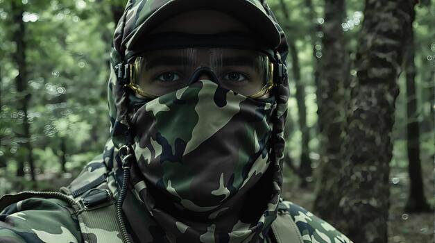 Hunter wearing camouflage face mask balaclava in forest